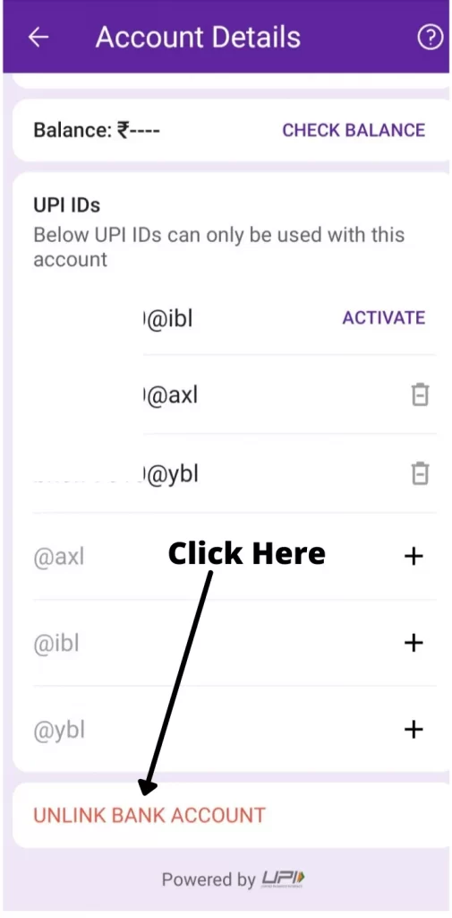 remove bank account from PhonePe