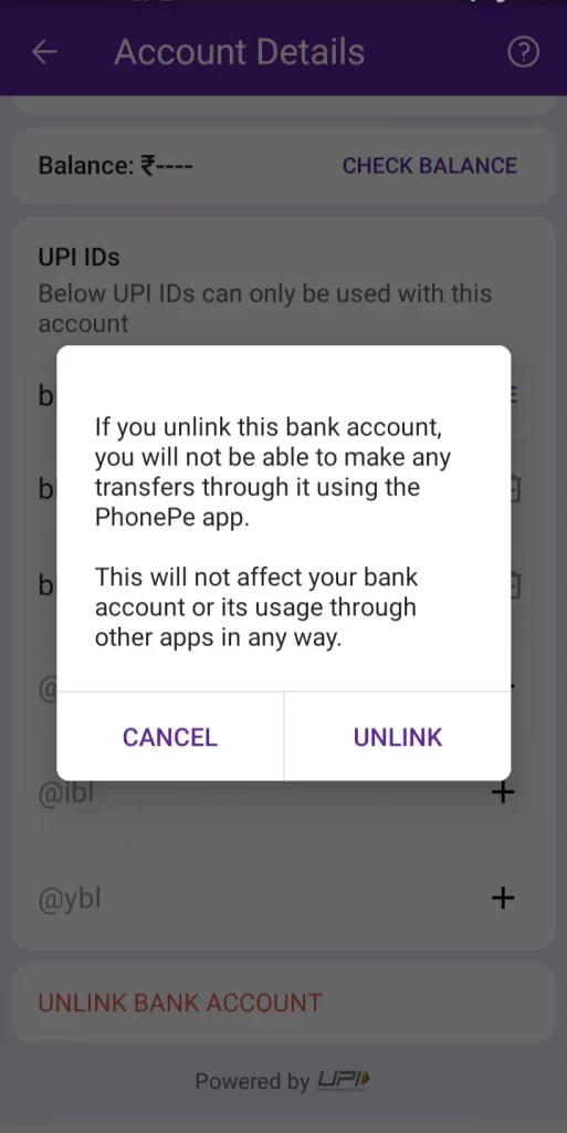 remove bank account from PhonePe
