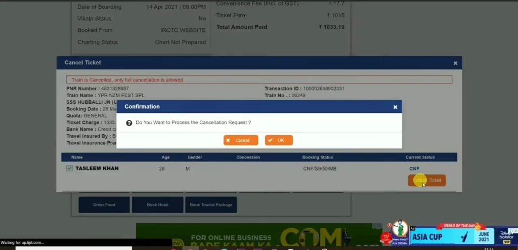  Cancel ticket in IRCTC