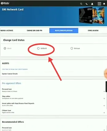 unblock Bajaj EMI card