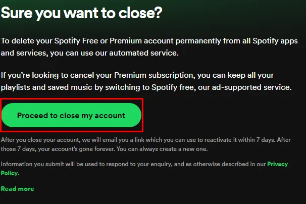 delete a Spotify account