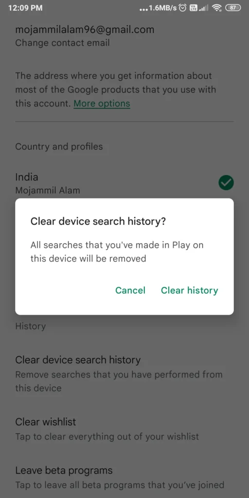 delete your play store search history