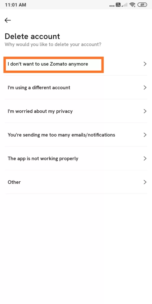 delete Zomato account