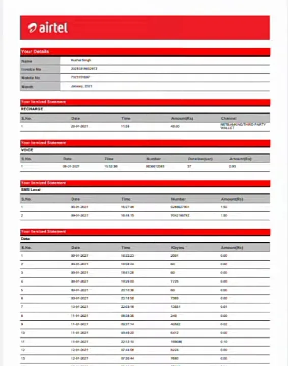 Airtel Call History